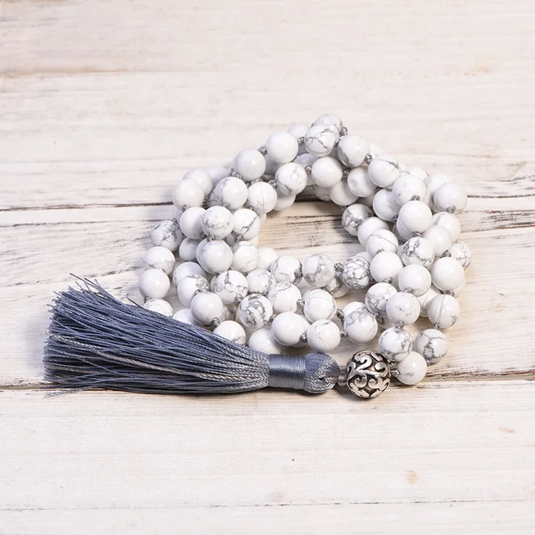 2024 Yoga Mala Beads 108 Necklace 8mm White howlite stone Knotted Necklace Handmade Tassel Necklaces Yoga Jeweley