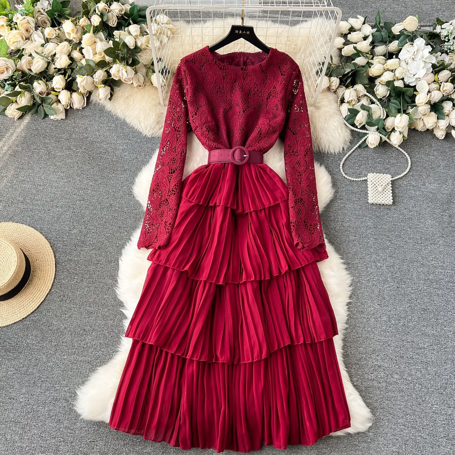 2024-O-neck Red Dress Summer French Retro First Love Temperament Fairy Dress Seaside Holiday Long Dress
