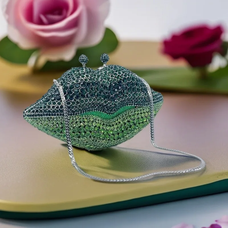 Trendy Bling Mini Charm Full Rhinestone Clutch Evening Bag Handbags Red Rhinestone Lip Bags For Women