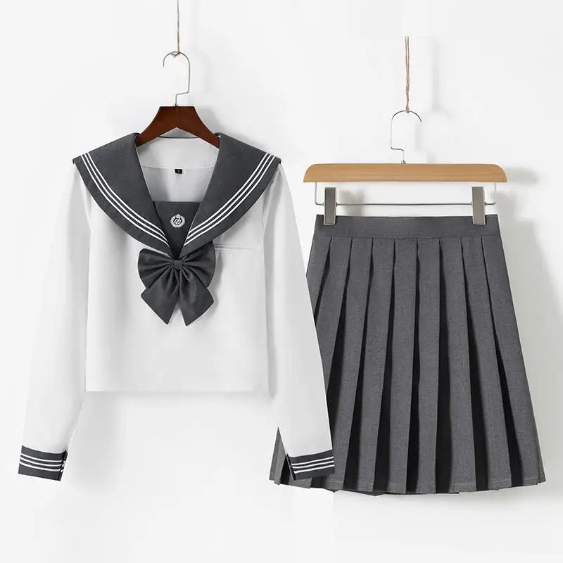Japanese School Seifuku Girls Grey Sailor Dress Shirts Student JK Uniforms Korean Pleated Skirt Set Kawaii Schoolgirl Costume