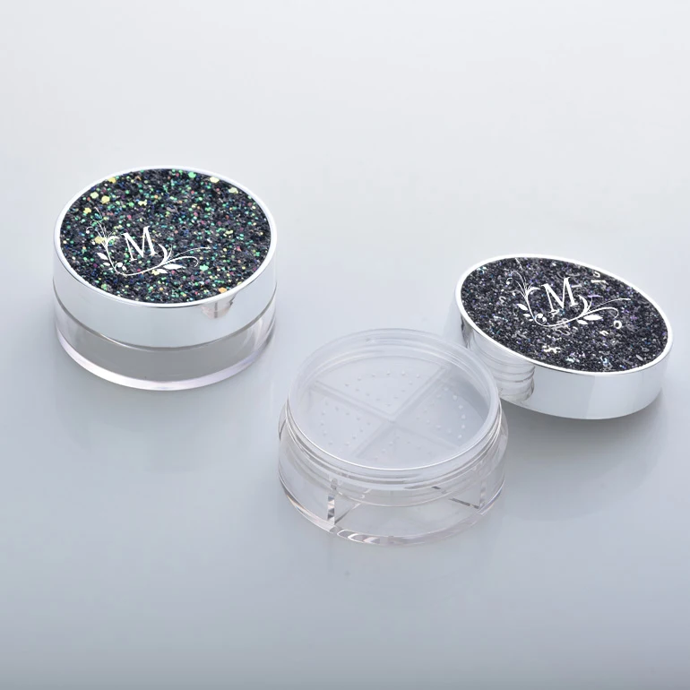High Quality Empty Round Glitter Cap Plastic 10g Loose Powder Jar with Sifter