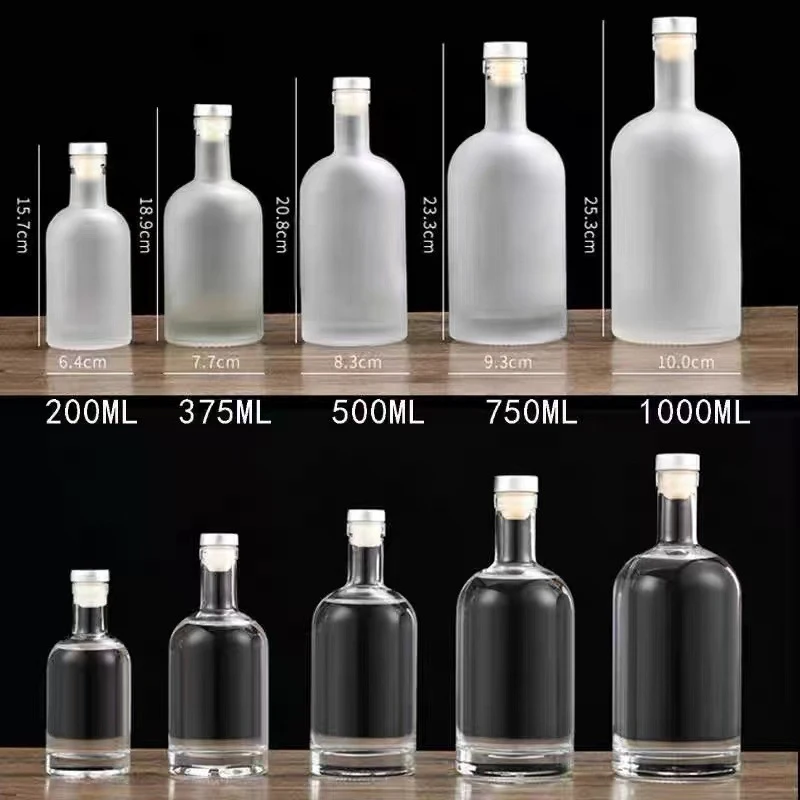 High quality Spirits Vodka Gin Liquor Glass Bottles 50ml 100ml 200ml 375ml 500ml 750ml 1L Bottle with Cork Screw Cap