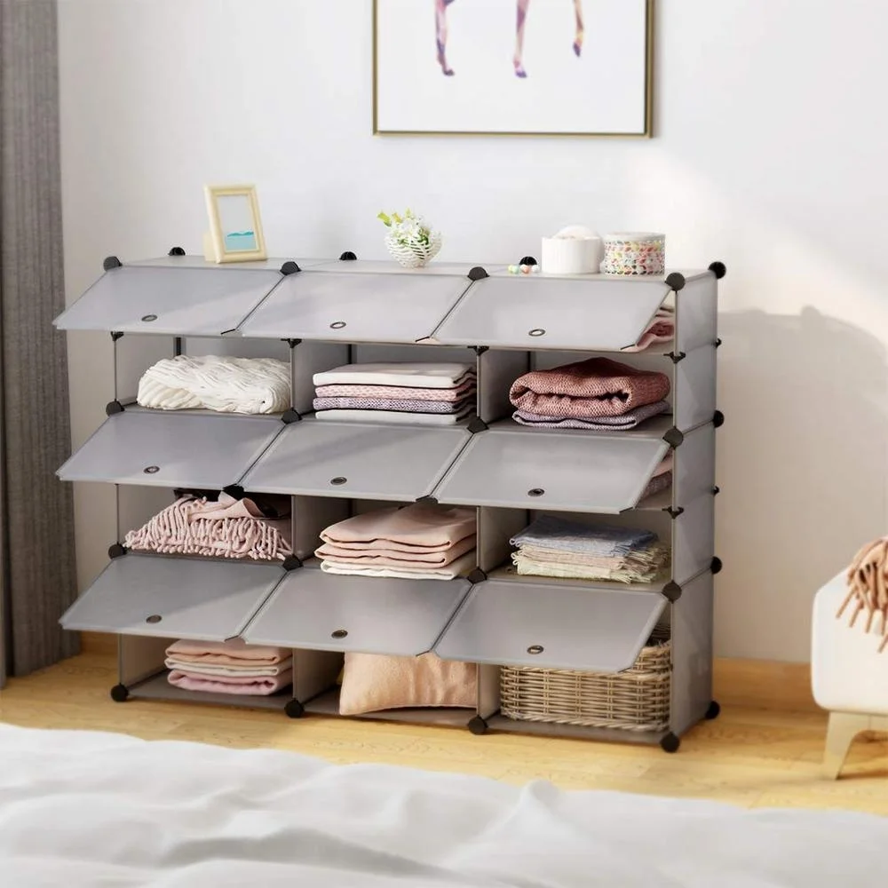 15-Cube Shoe Rack DIY Organizer, Cubby Modular Shelving Storage Plastic Cabinet with Doors