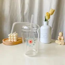 New design 16oz ins korea Flower Printing Drinking Water Glass Cups Tumbler Borosilicate Glass Cup with Straw and Lid