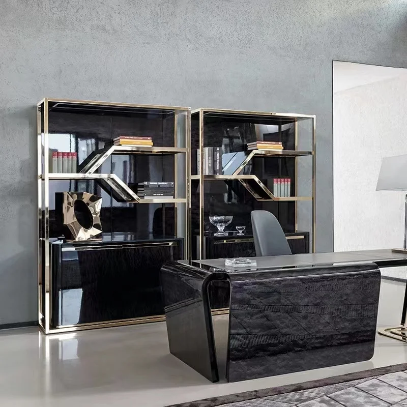 Light Luxury Stainless Steel Floor Stand Shelf Living Room Metal Gold Shelf Office Display Bookcase High-end Bookcase Furniture