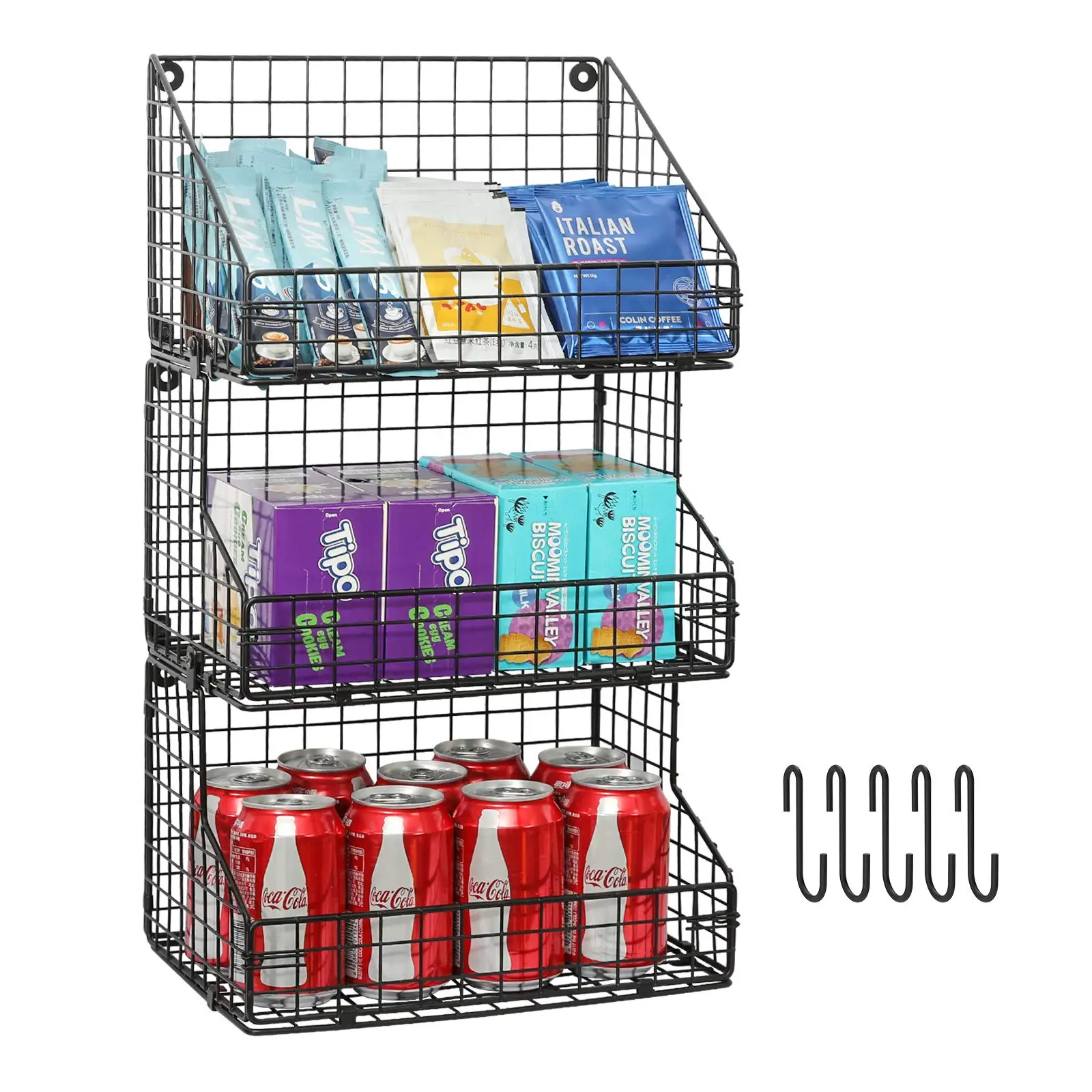 Hot sale Large Size 3-Tier Stackable Detachable Snack Organizer with 5 Hooks tea storage drawer