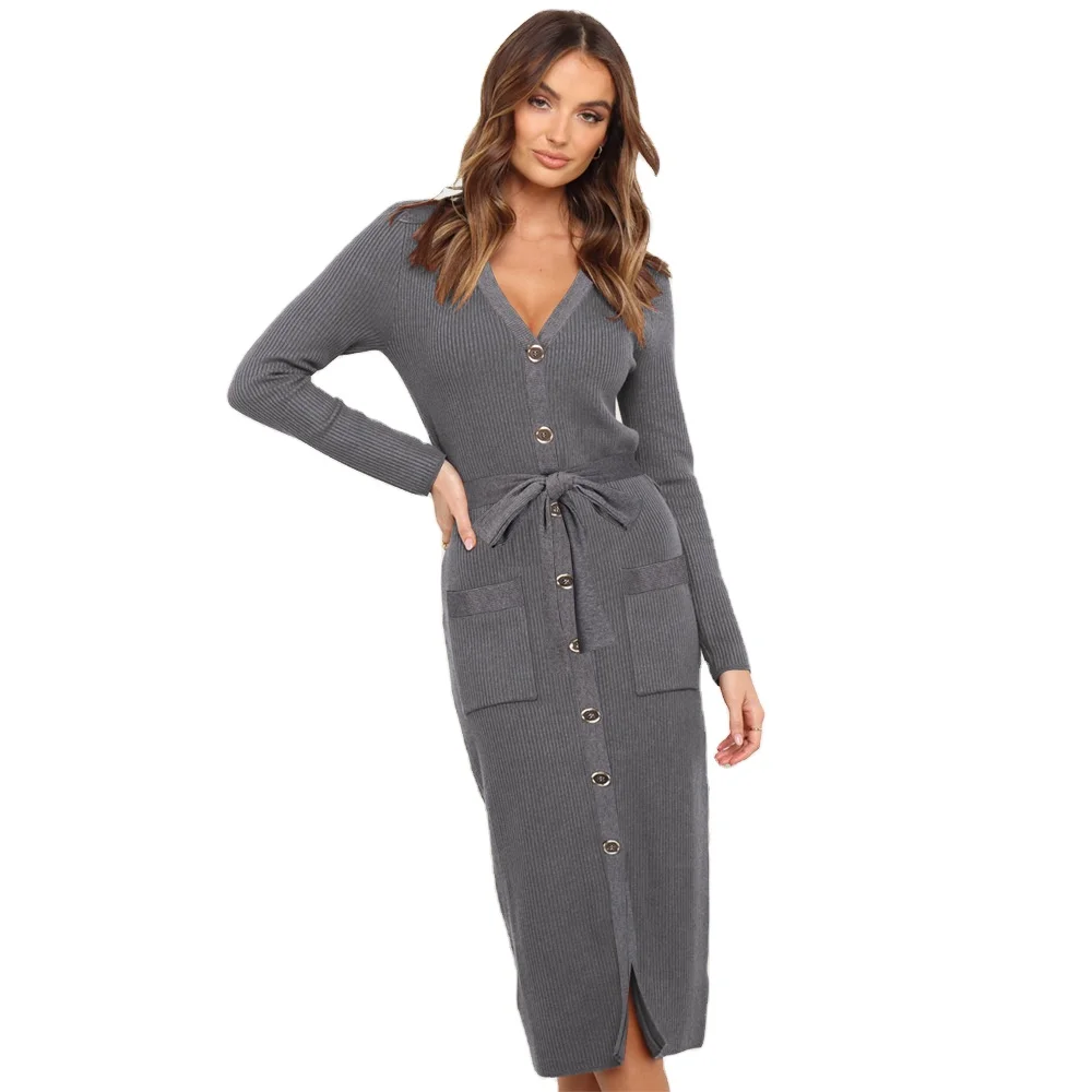 Newest Design 2021 Autumn Winter Long Knitted Dress Long Sleeve Slim V Neck Single Breasted Dress Women
