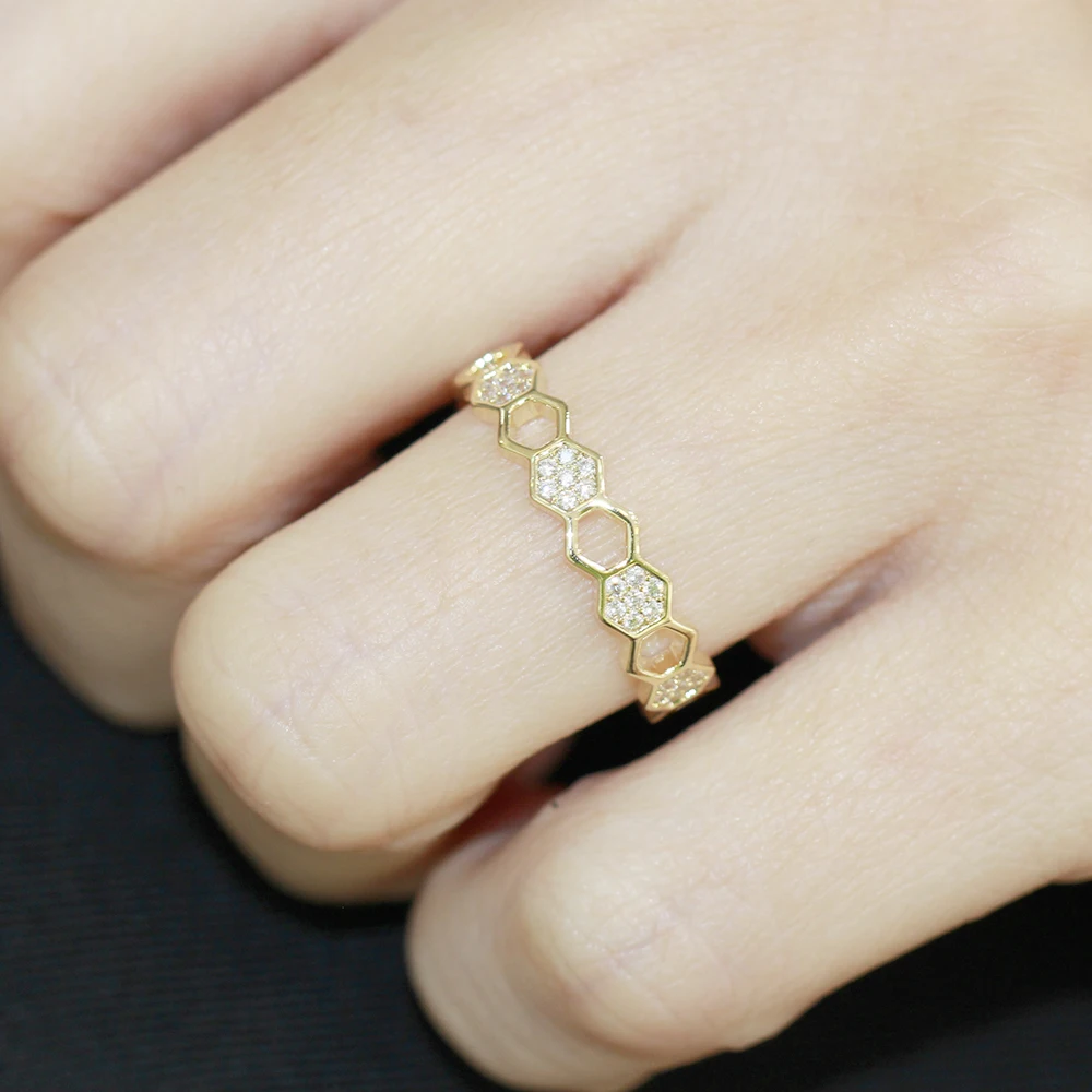  YANYI Delicate Diamond Set Honeycomb Ring With Polygonal Opening Adjustable