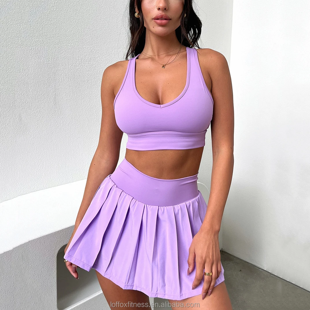 Custom Stretchy High Quality Outfits Training Cross Back Sports Bra 2 In 1 Pleated Tennis Skort 2 Piece Matching Set For Women