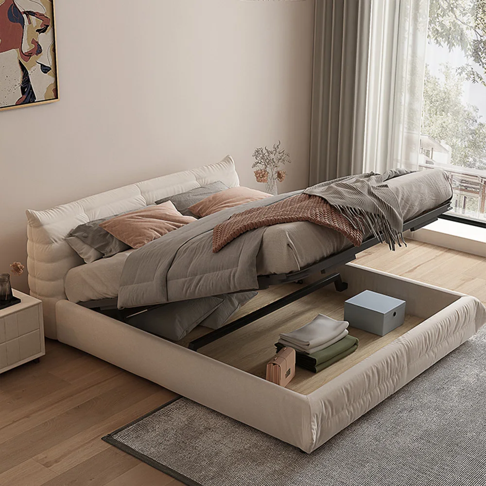 Italian Nordic Queen Size Double White Bed New Design Fabric Platform Wooden King Size Bedroom Furniture With Storage