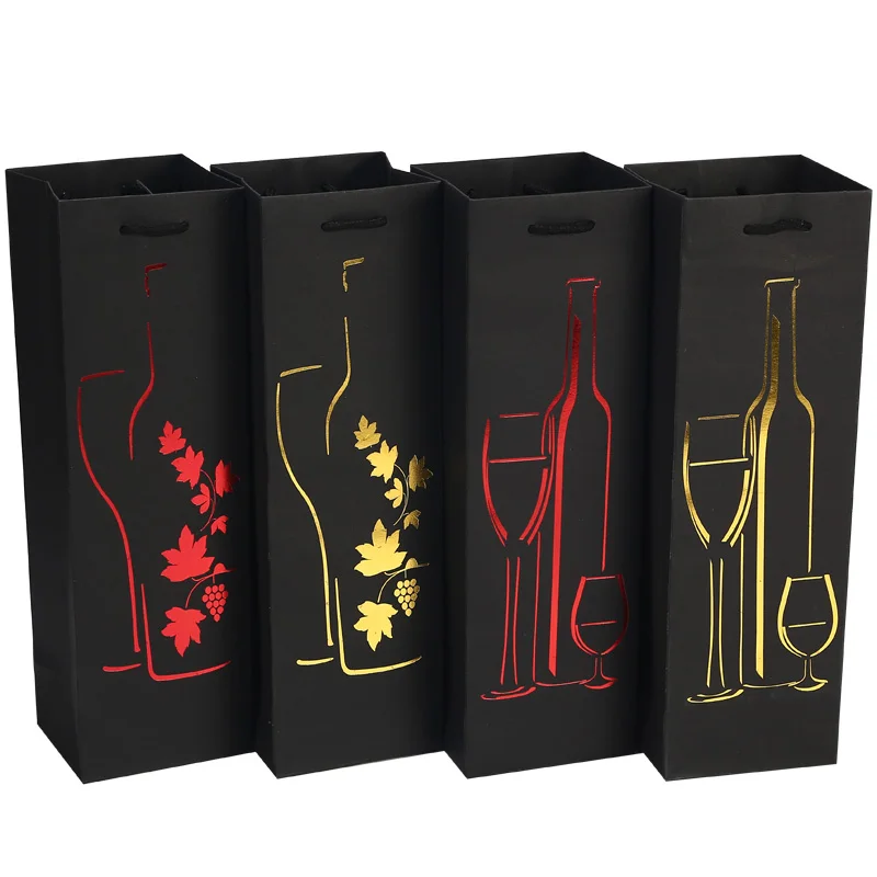 Paper Bag Wine Bottle Carrier Festival Party Gift Bag Ribbon Handle Hot-stamping Wine Oil Bottle Gift Champagne Packing Bag