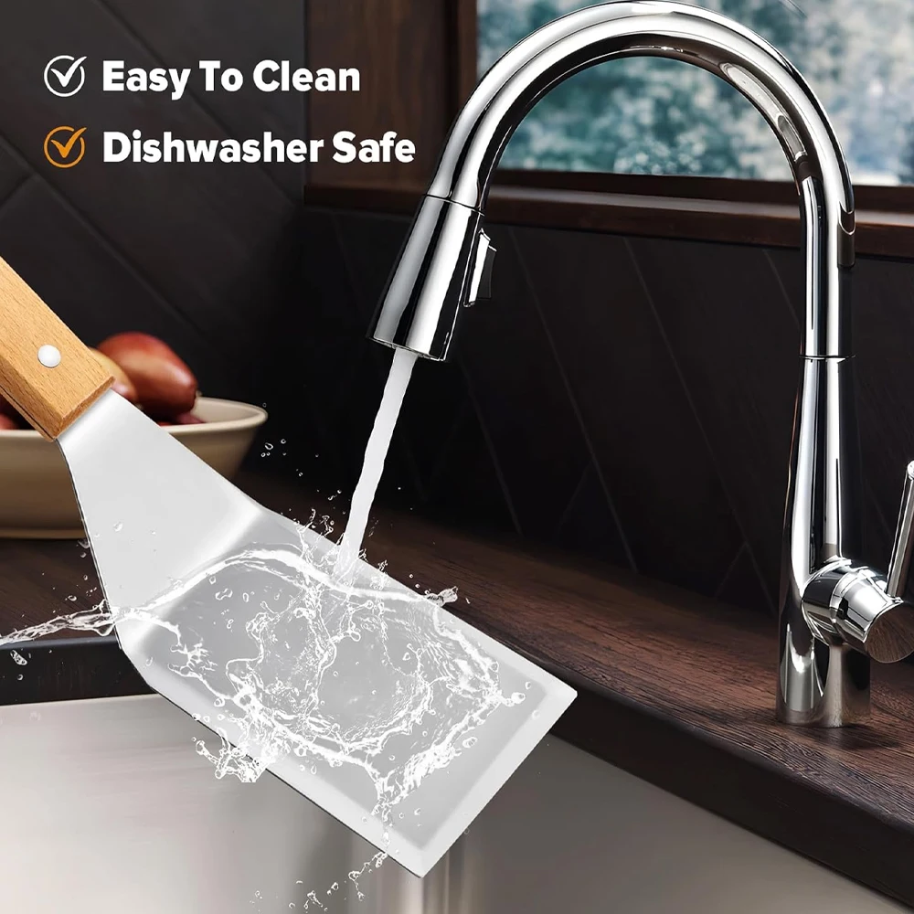 Stainless Steel Grill Tools Kitchen Frying Shovel Cooking Turner Flat Shovel Steak BBQ Spatula with Wood Handle