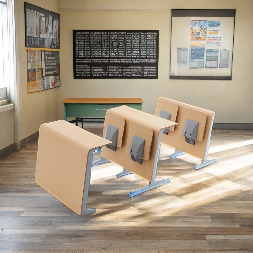 Modern Contemporary Student Study Set Cheap Wood and Metal School Desk and Chair for Classroom Learning Hall Use