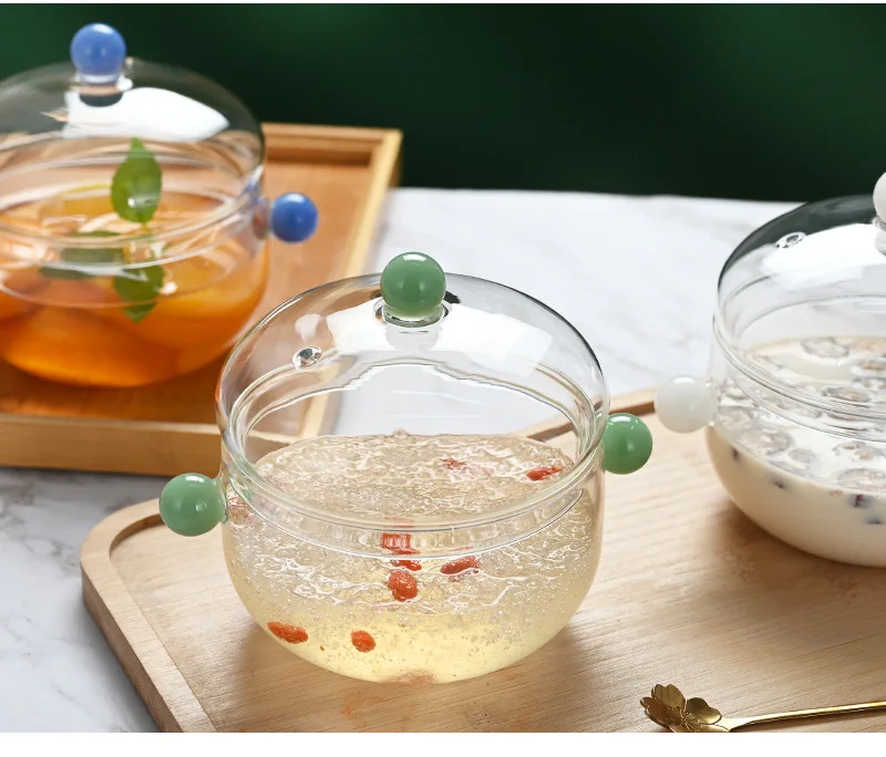 Solhui Cute transparent mini glass stew pot soup bowls with lid and colored handle 500ml