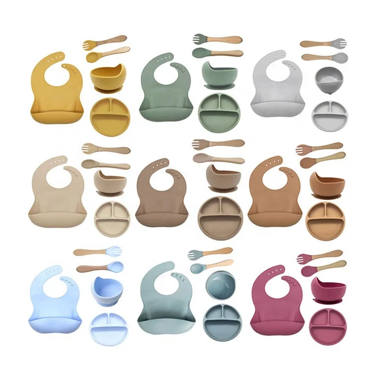 BPA FREE Platos de silicona Other Baby Feeding Products Silicone Bib Spoon Bowl Baby Suction Plate Cup Silicone Baby Feeding Set