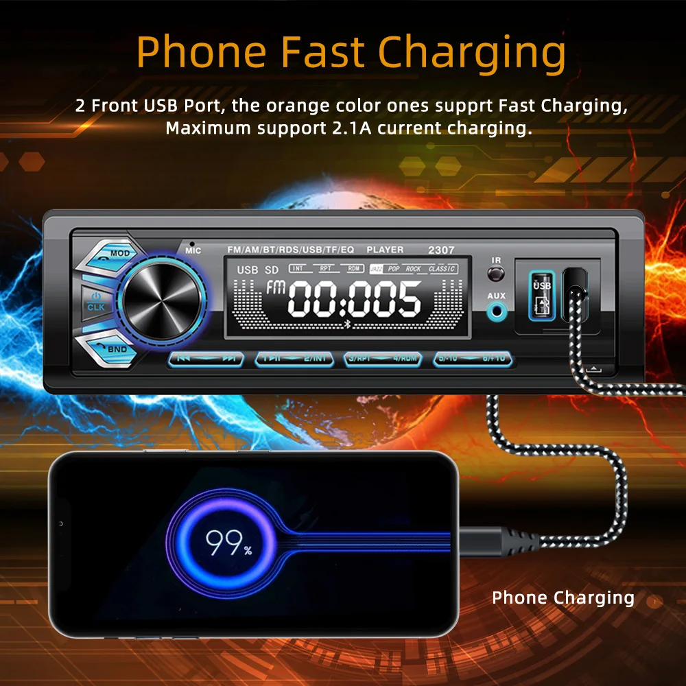 Car Radio MP3 Player 1 Din Removable Panel Stereo Radio FM BT EQ USB AUX Remote Control Colorful Lights