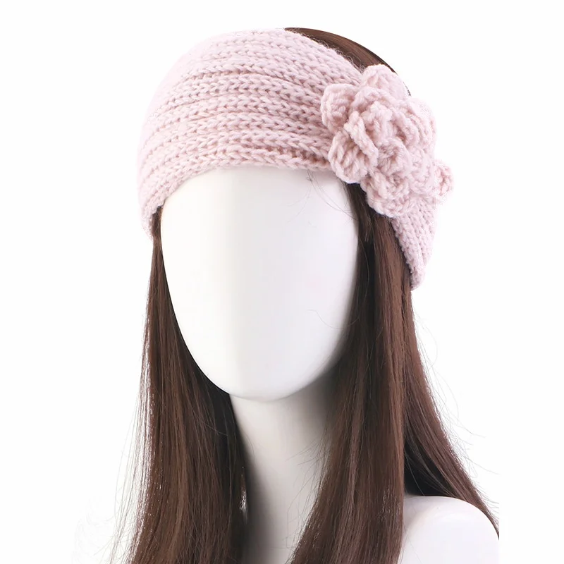 HZM-61048 Handmade Crochet Flower Headwrap Knit Headband Women Warmer Ear Wool Wide Turban Hairband Bandage