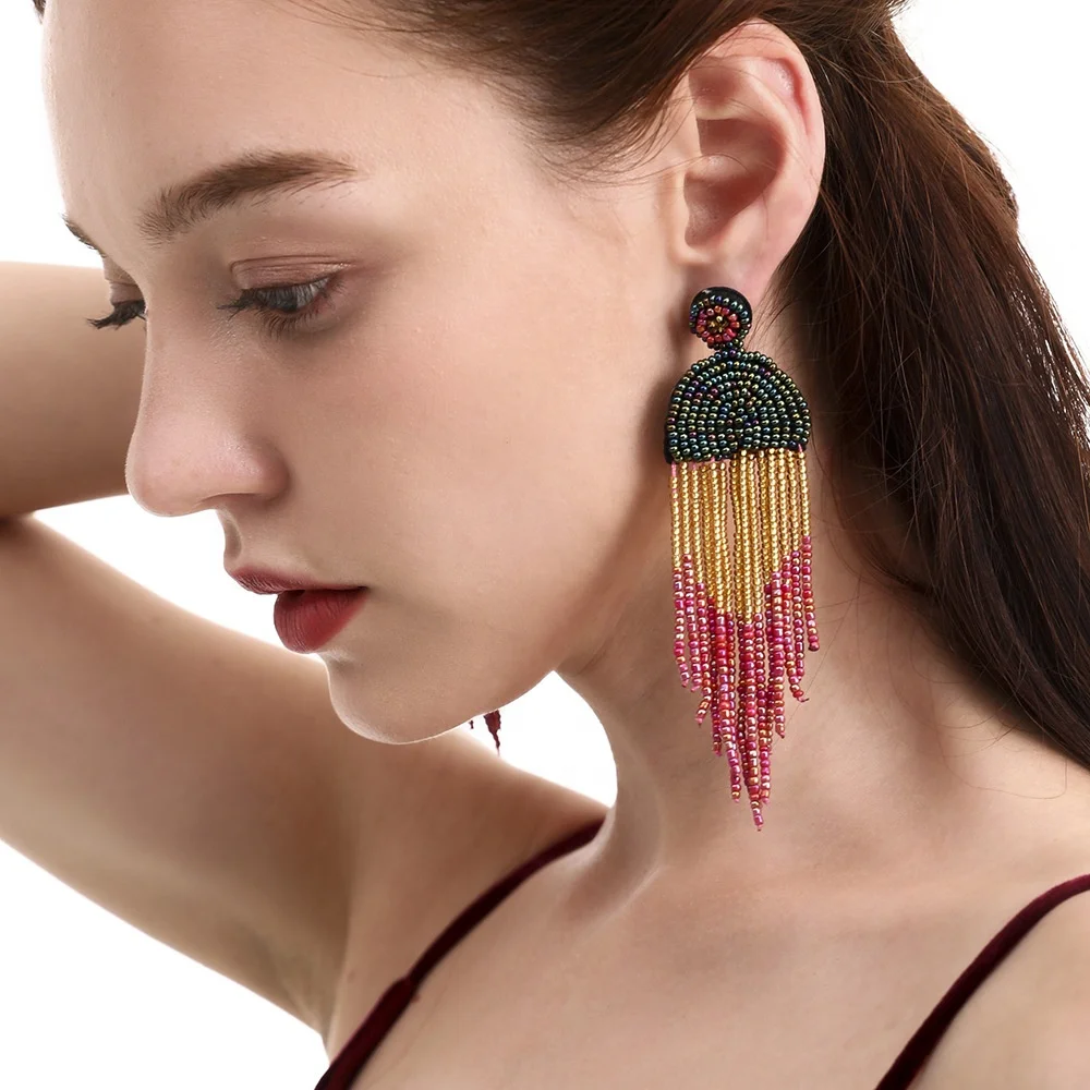 
fashion earrings trend 2021 Handmade Beaded Colored Rice Beads Statement Dangle Fringe Long Stud Bohemian tassel earrings 