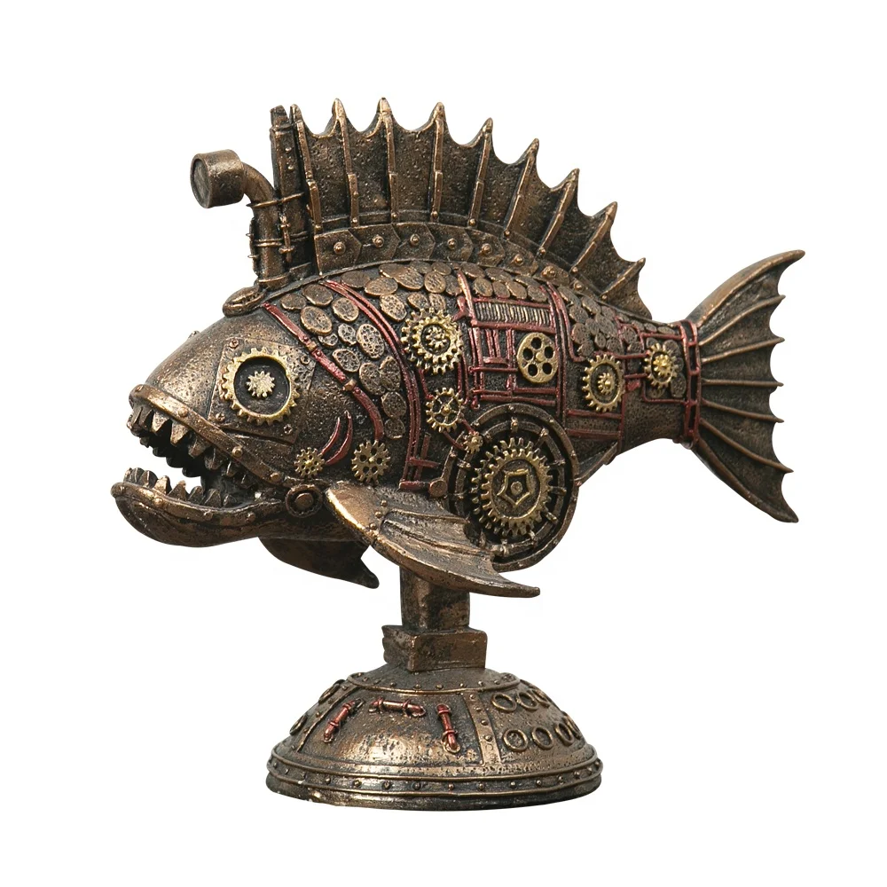 Steampunk Submarine Fish Lamp Piranha Figurine Fish Sculpture Melanocetus Vintage Statue Gift Idea