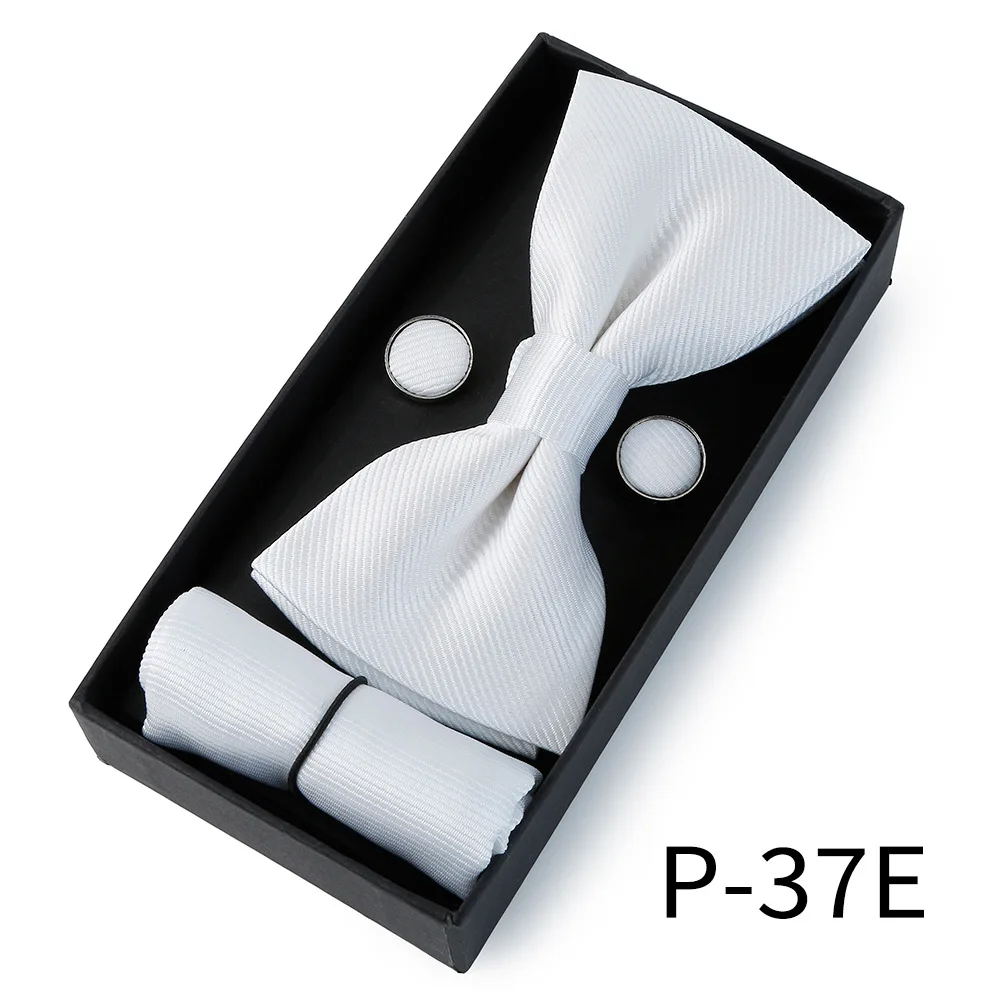 2024 low price Classic business wedding groom black solid color cufflinks pocket square  bow tie set for men gift box