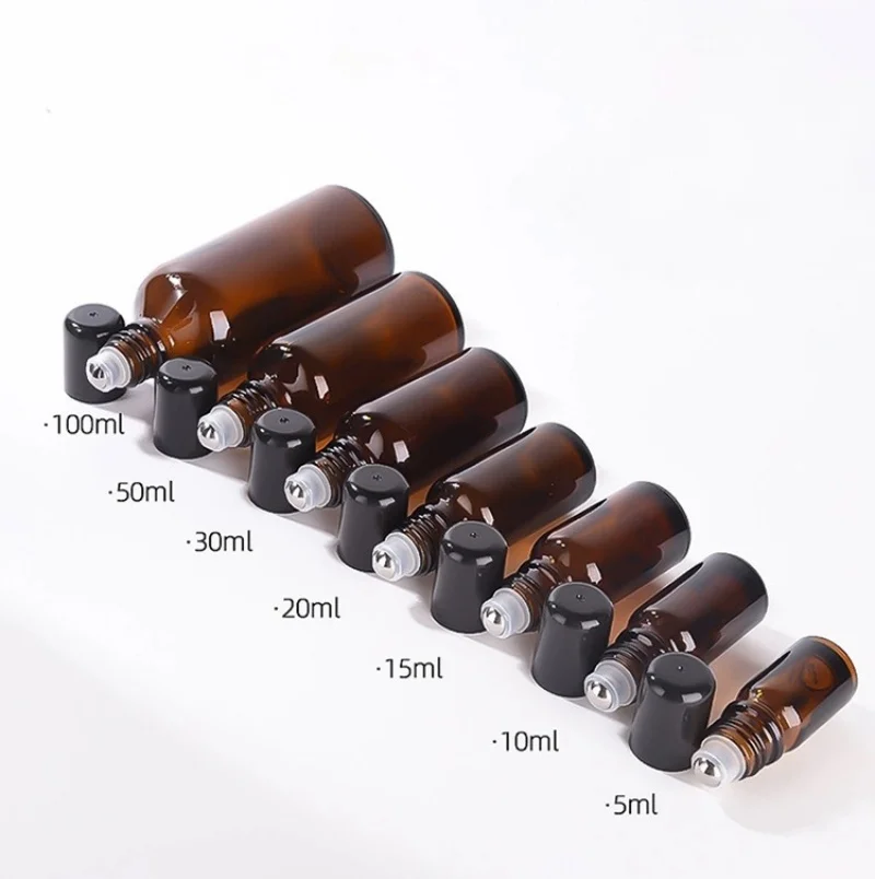 18mm Plastic Cap Perfume Lip Necklace 5ml Amber Bottles 30ml 50ml 15ml Roller Bottle With Metal Roller Ball Crystals For Oils