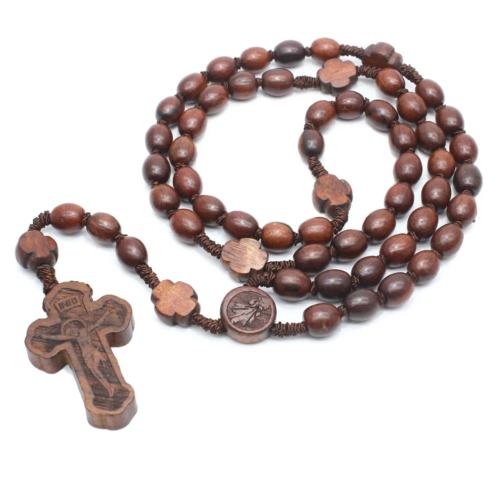 2024 New Wholesale cheap rosary wooden catholic beads religious rosary with cross jesus pendant necklace