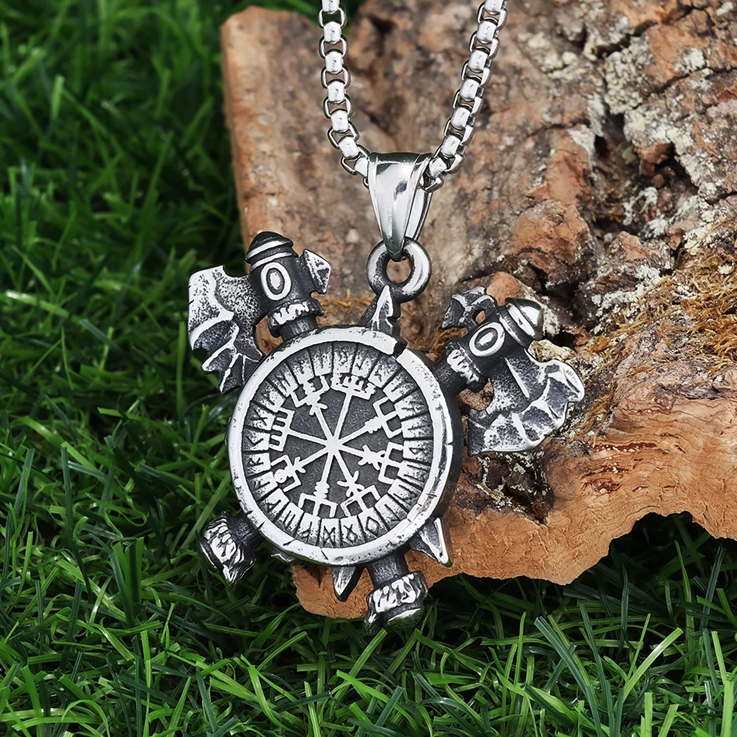 Stainless Steel Norse Viking Celtic Axe Compass Pendant Necklace Stainless Steel Vintage Amulet Viking Jewelry for Men