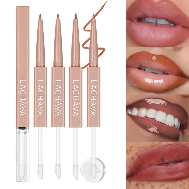 Private Label Waterproof and Long Lasting Lipliner Double Ended Creamy Velvet Matte Lip Liner Pencil with High Shine Lip Gloss