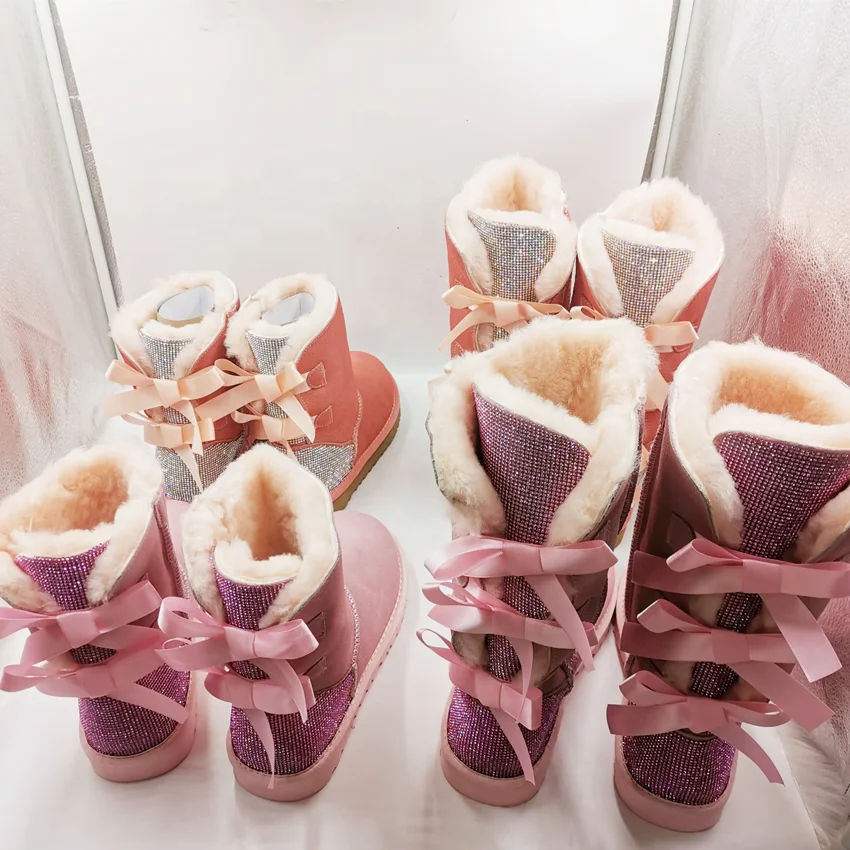 Wholesale Fashion Kids Women Sheepskin Wool integrated Ladies Winter Ribbon Fur Boots Shoes With Bows Snow Boots