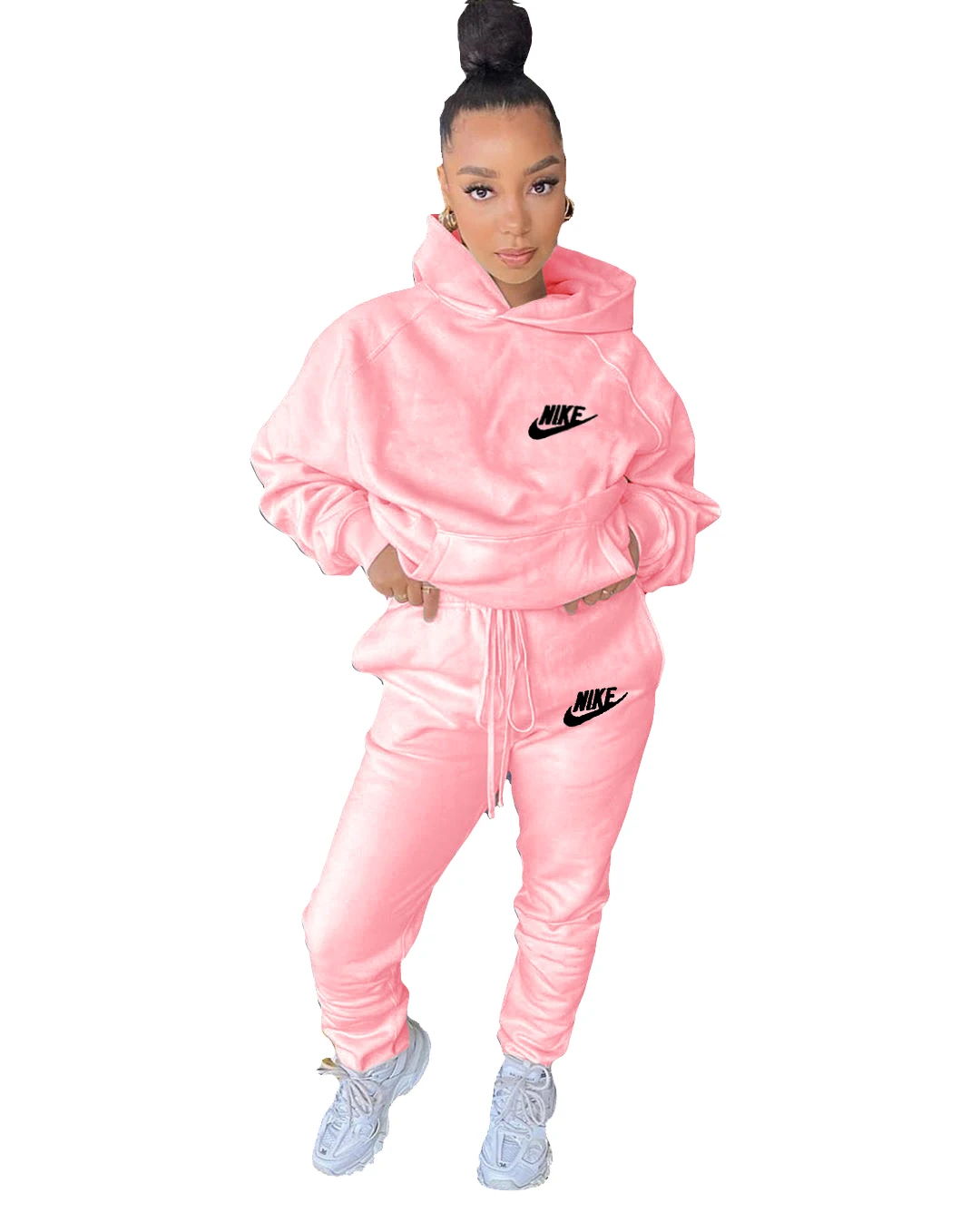 Trending Fall Women Casual Solid Color Nike 2 Piece Set Pullover Sport Jogging Embroidery Sweatsuit Hooded Tracksuit For women