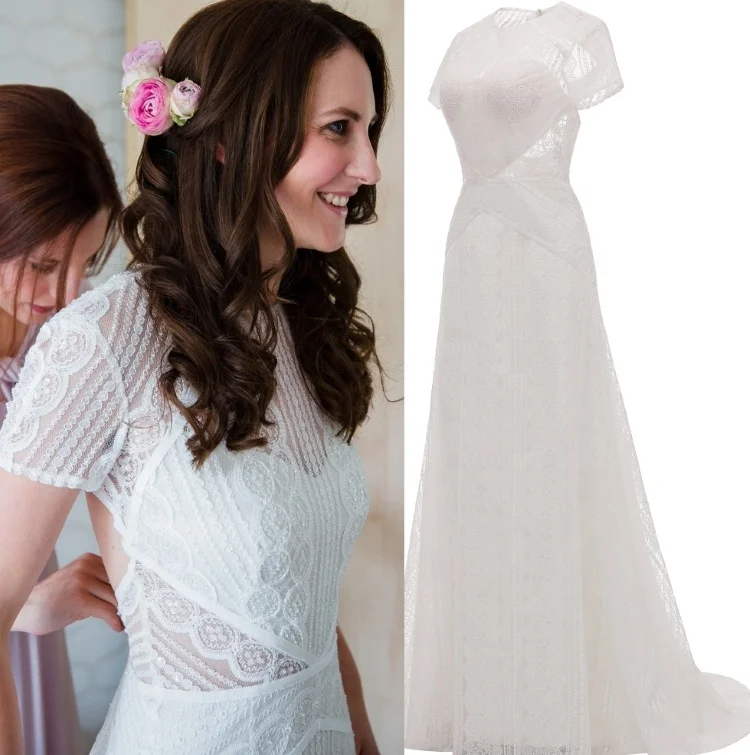 #1030 Ready To Ship Custom Made Lace Elegant Short Sleeve Sheath Open Back White Elegant Honey Moon Wedding Bridal Dress Gown