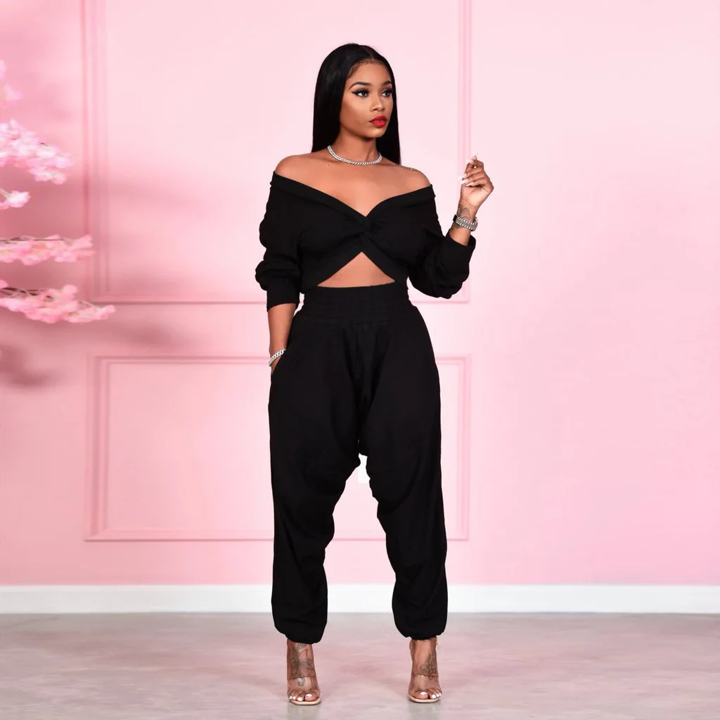 Sexy Solid Color Suspender Pants V Neck Cross Two Piece Sets Women 2021 Crop Top 2
