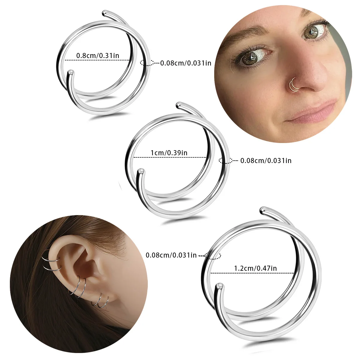 3pcs/set Double Hoop Nose Ring for Single Piercing Nose Hoops for Women  Nostril Piercing Jewelry Spiral Strand Nose Ring