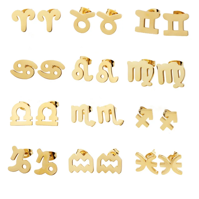 Dainty Minimalist Unisex jewelry stainless steel 18k gold plated zodiac sign stud earrings