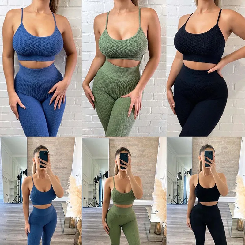 Tiktok Net Red Bubble Cloth Yoga Suit Leggings Female Sling Jacquard Sports Fitness Suit For Women