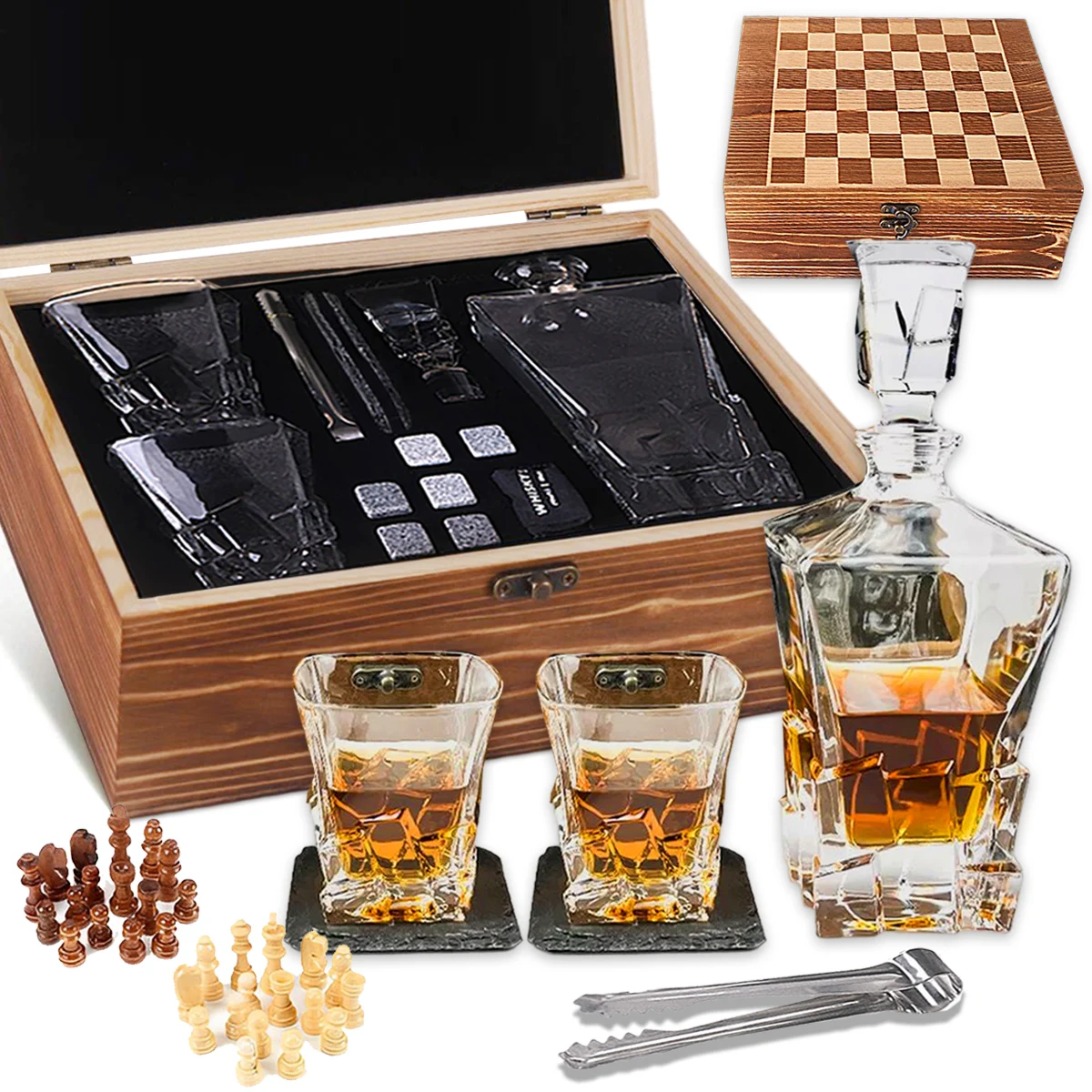 Luxury christmas gift box Whiskey Decanter Whisky Glass Set Chess Chilling Ice Cube Rack Stones Wood box for men