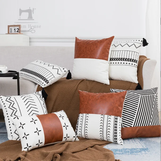 Moroccan White And Black Print 18 X 18 Cushion Cover Home Sofa Decorative Joint Faux Leather Throw Pillow Cushion Cover Set