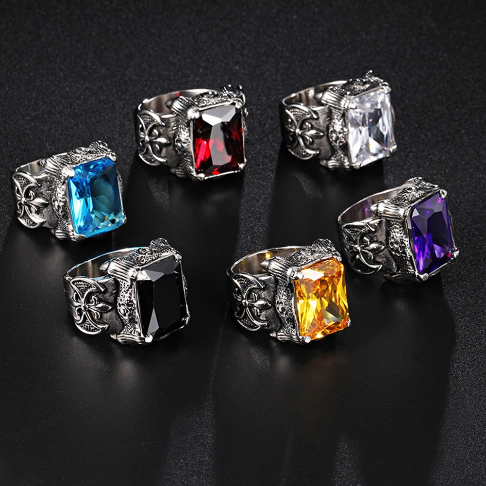 Fashion Dragon Carving Stainless Steel Square Large Rings Crystal Vintage Punk Mens Hip Hop Rings
