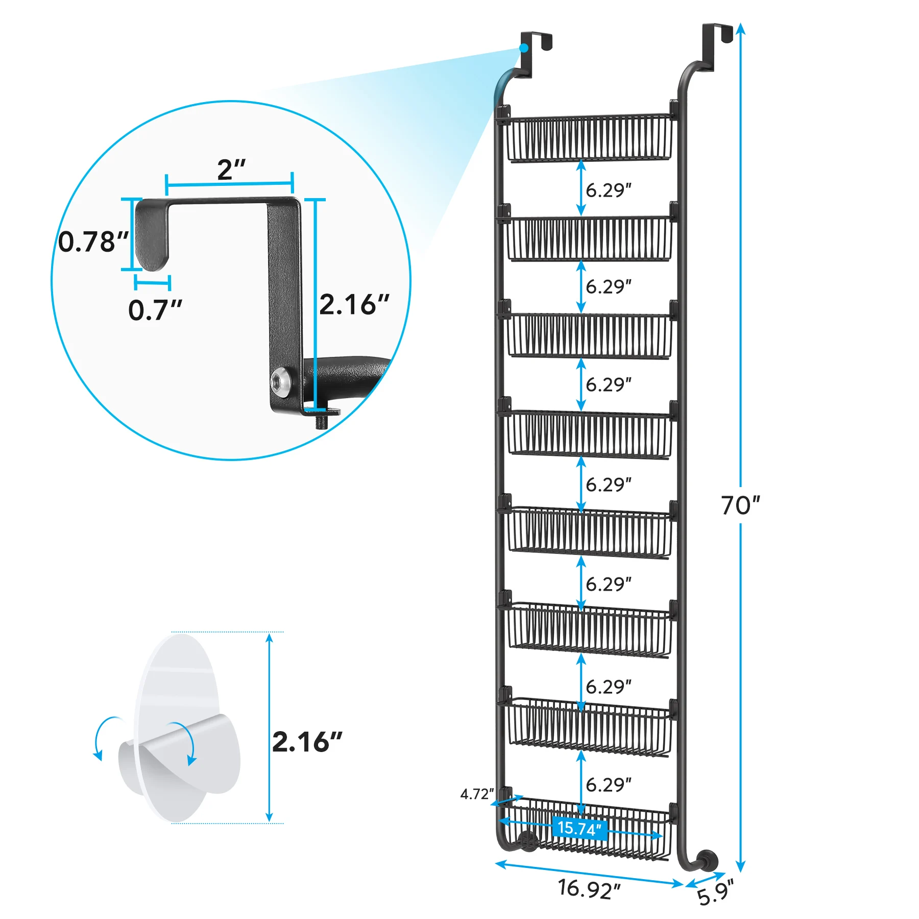 Storage Bathroom Wall Mounted Over the Door Hanging Laundry Basket with 6 Baskets for Large Storage