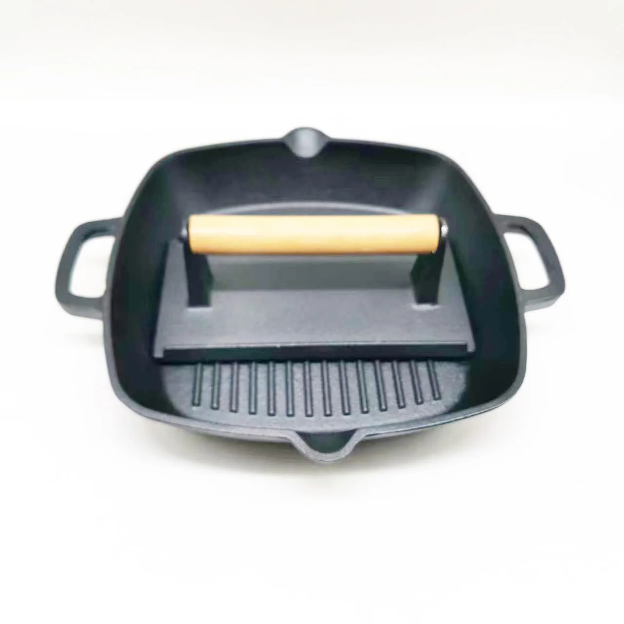 Preseasoned Cast Iron Skillet Fry Pan Square Griddle with Ribs Nonstick with bacon press