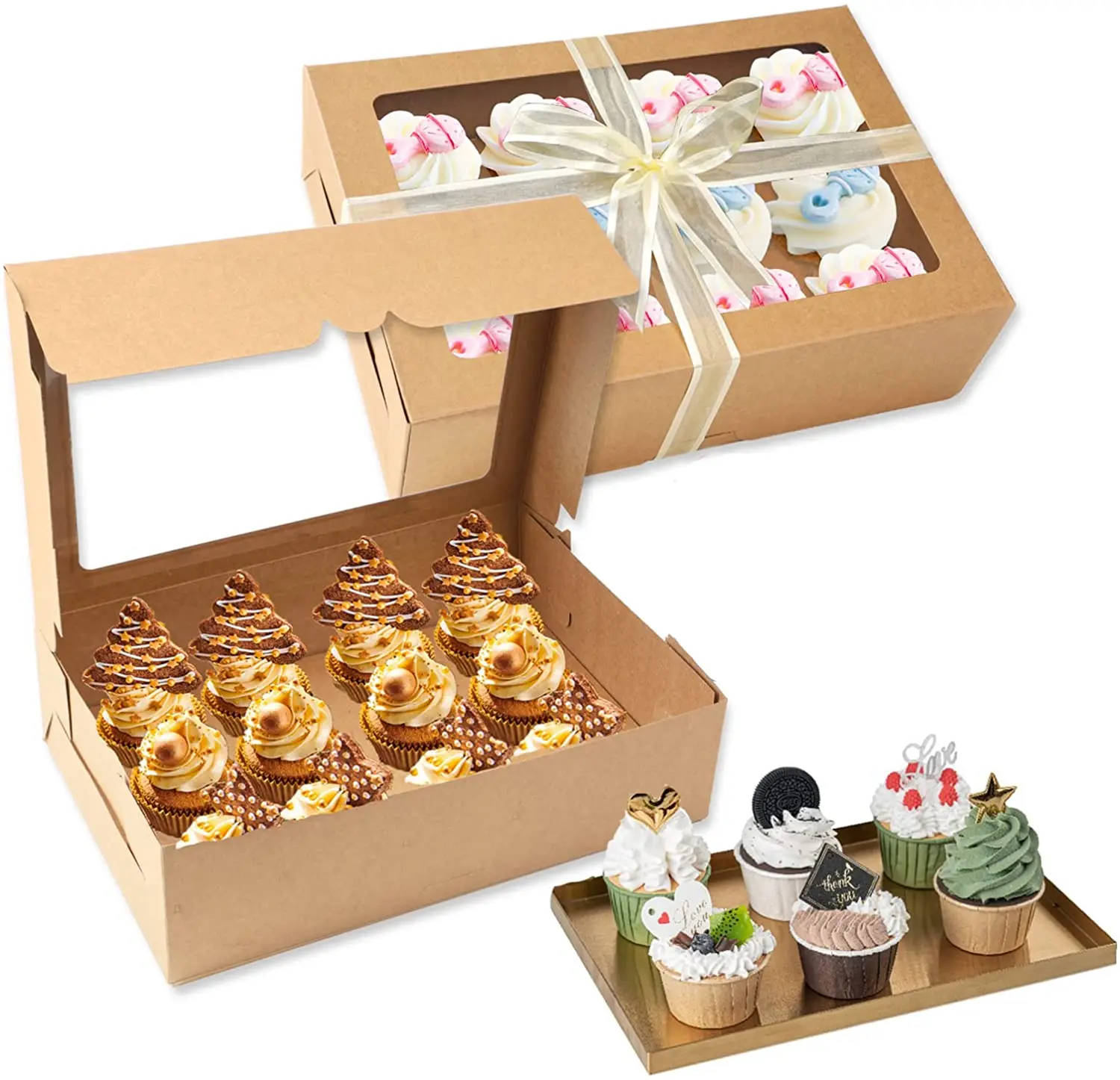 Brown Kraft Cupcake Box Hold 12 Cupcakes, 15 Pack Bakery Boxes with Window in 13.8 x 9.5 x 4 inches