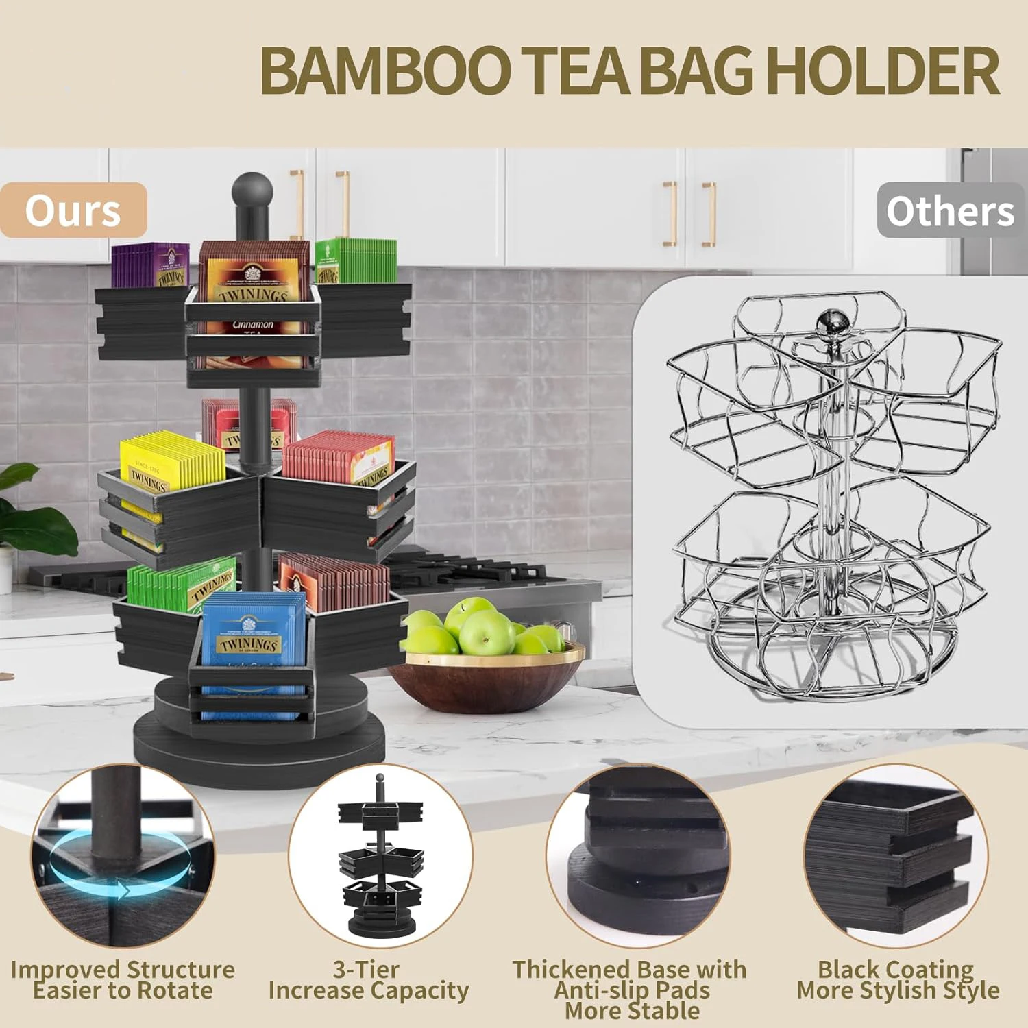 High Quality Wholesale 3 Tier Stackable  Bag Storage Holder Spinning Carousel with 9 Compartments Rotating Tea Bag for Kitchen