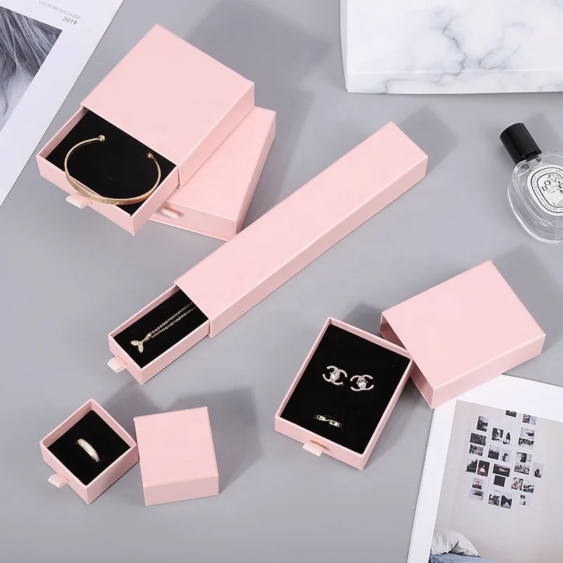 Custom Logo Slide Out Drawer Bracelet Earring Ring Black Pendant Box Paper Jewelry Packaging Sliding Gift Paper Drawer Box