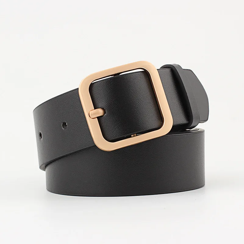 Women Belt Classic Fashion Vintage Solid PU Leather Square Buckle Belt with Flat Buckle