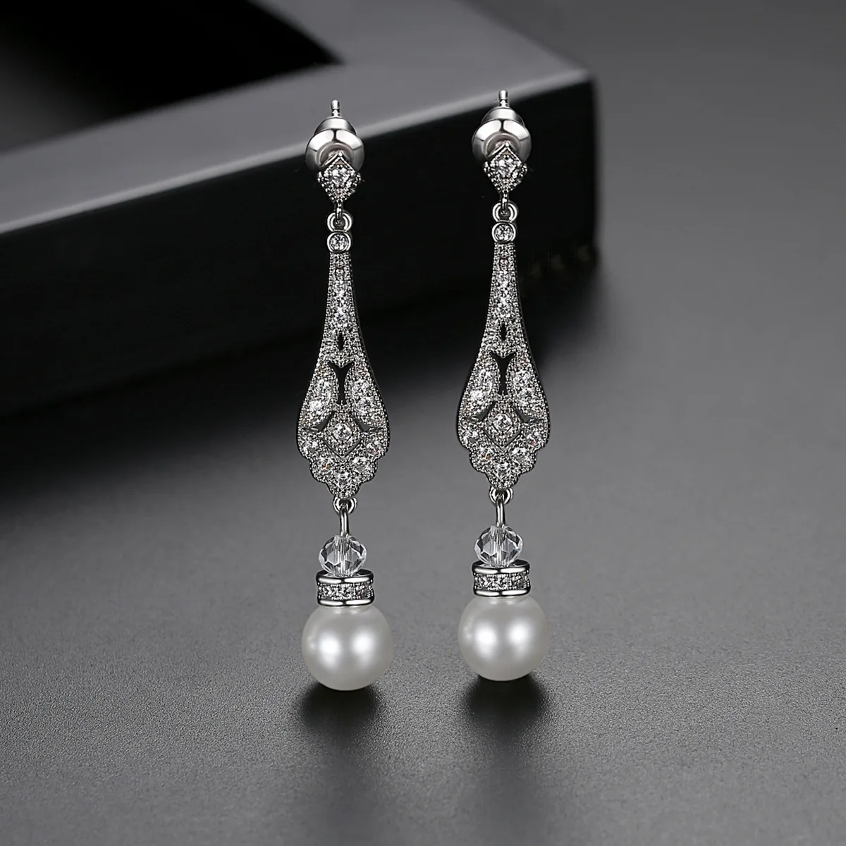 ROMANTIC Classical Pearl Long Bridal Wedding Earrings Rhodium Plated Brass Cubic Zirconia Earrings for Women