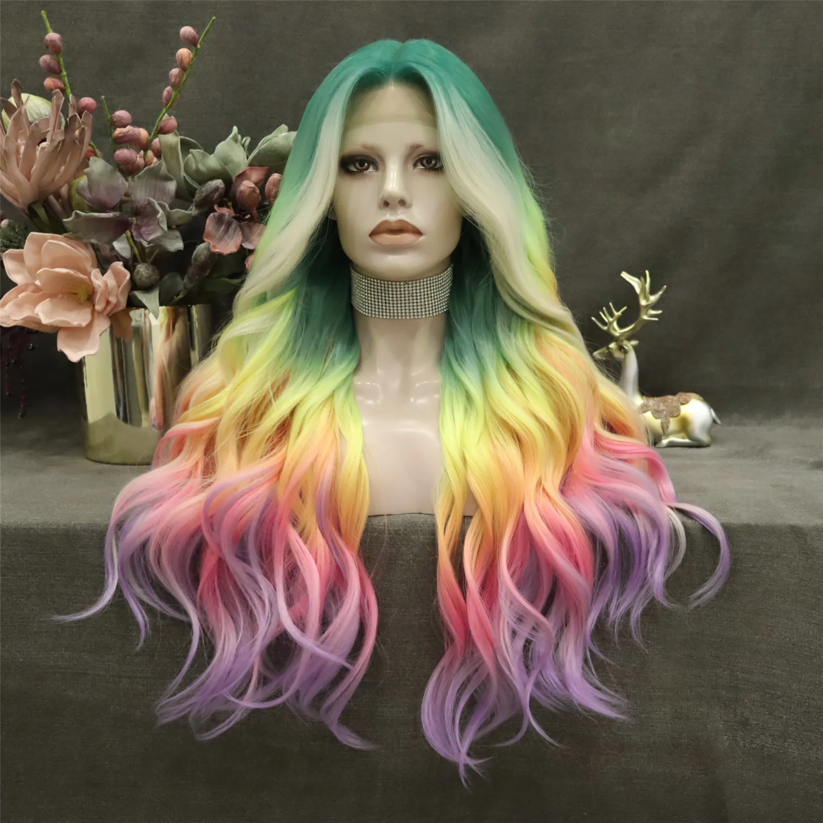 Celebrity Ombre Blue Green Multicolor synthetic hair wigs Matte Heat Resistant Fiber Same Human Hair Lace Front Wig