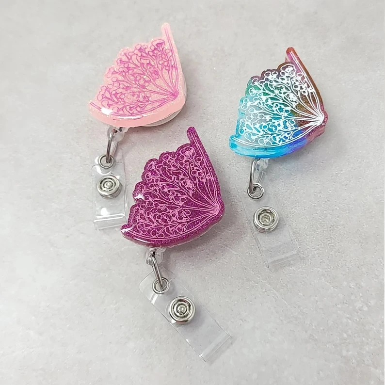 Tongxin Custom Glitter Resin Breast Retractable Badge Reel Nurse Butterfly ID Badge Holder RN Badge Reel Holder