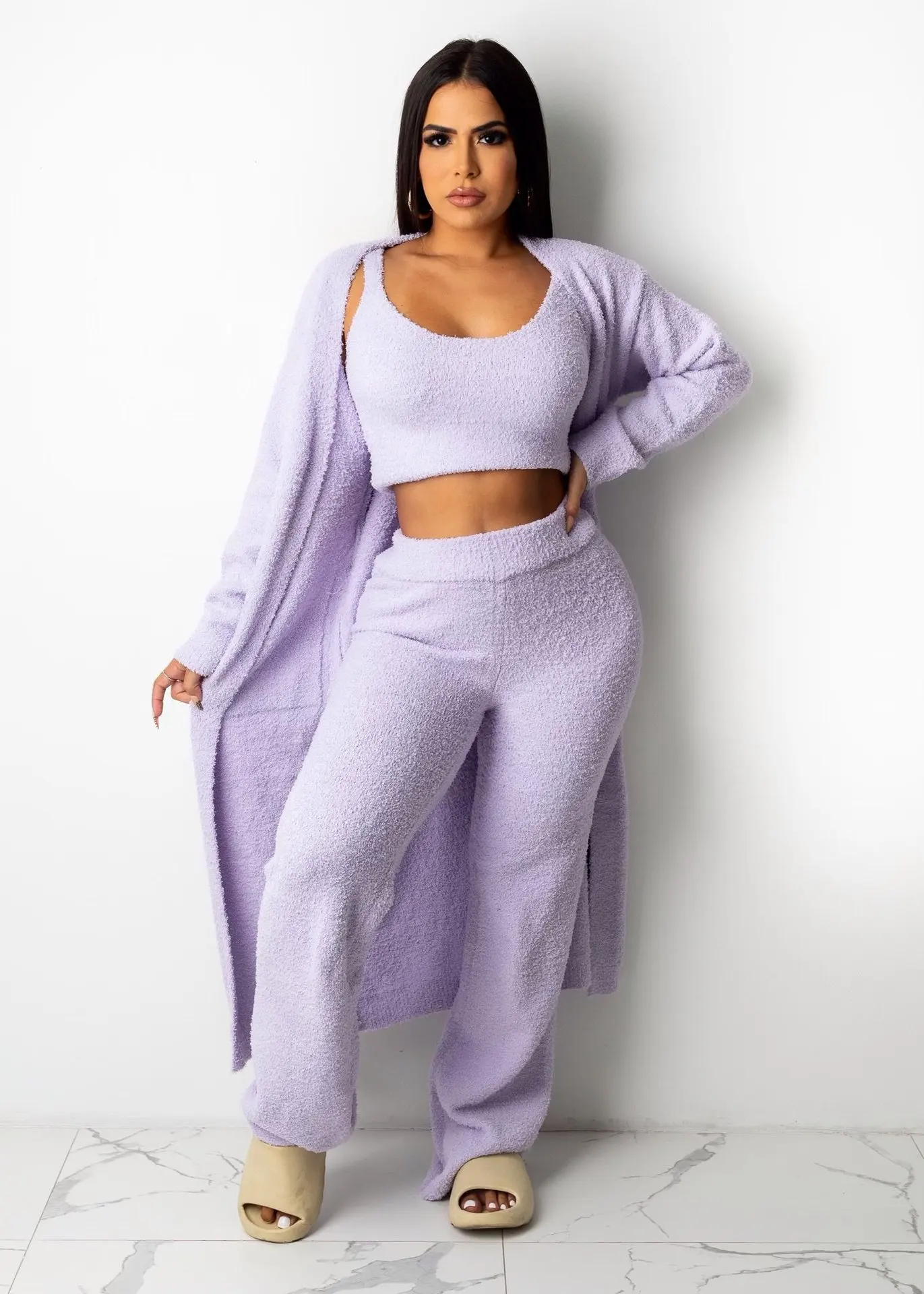 RX-826 Home wear casual solid towel fabric three piece sweater set 3 piece fuzzy set cardigan and long pants 3 piece set