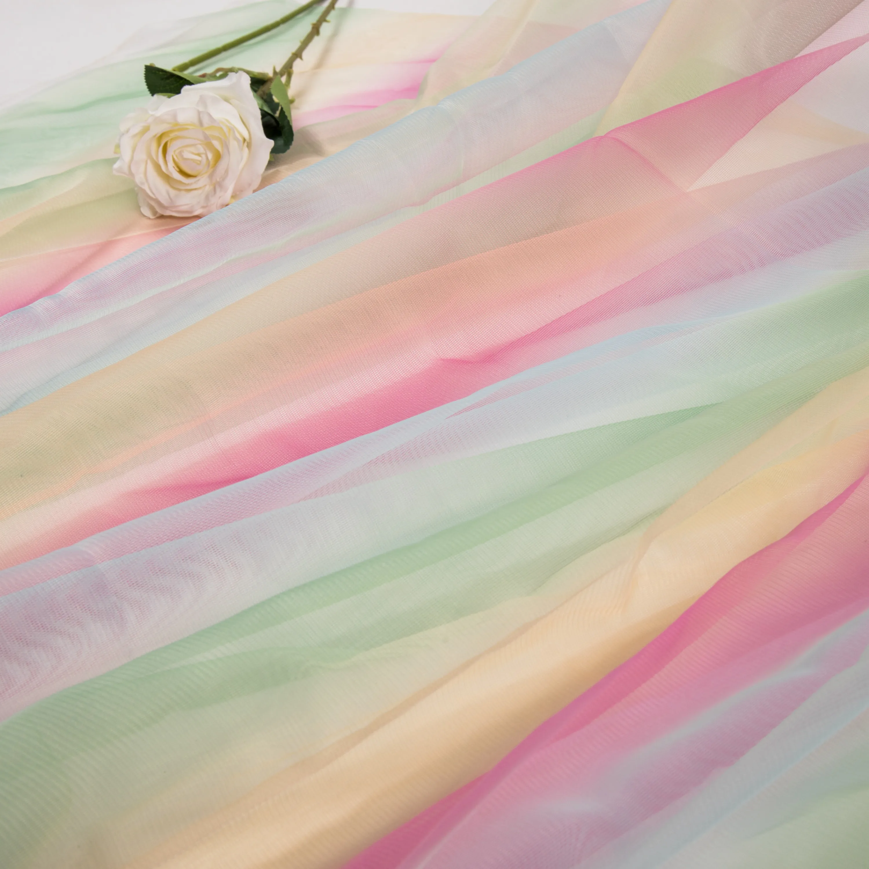 
Superior Quality Illusion Printed Rainbow Ombre Gradient Colors Fabric Tulle Mesh Fabric 