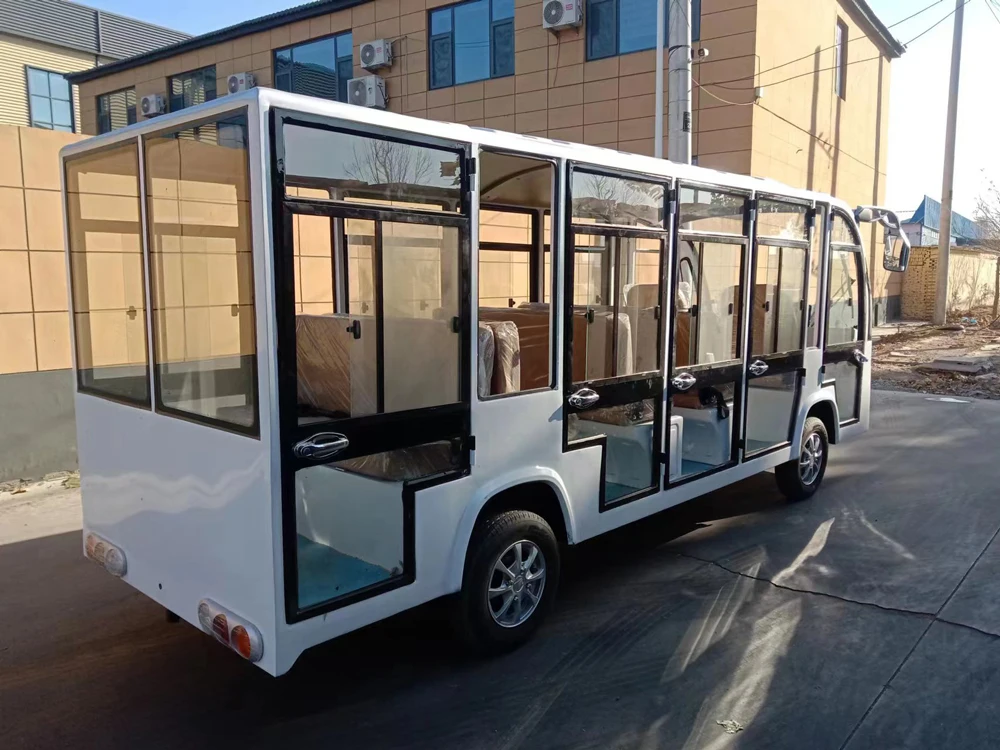 Electric China 14 Passengers Electric Sightseeing Bus Car Shuttle For Vacation 100KM EV Car